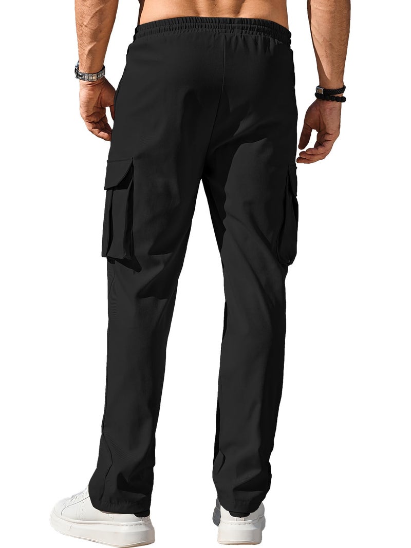 Comdecevis Men's Casual Cargo Pants Workout Joggers Stretch Sweatpants Hiking Drawstring Tactical Pants with Multi Pockets Black - Image 4