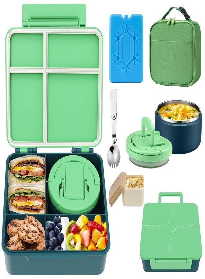 MAXSO Bento Lunch Box Set with 8 oz Soup Thermo, Kids Leakproof 4 Compartments Hot Food Container with Sauce Cup, Ice Pack and Lunch Bag, Child Insulated Food Jar for School - Green - Image 1