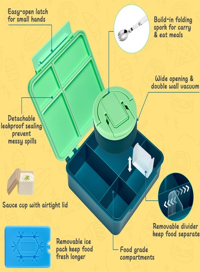 MAXSO Bento Lunch Box Set with 8 oz Soup Thermo, Kids Leakproof 4 Compartments Hot Food Container with Sauce Cup, Ice Pack and Lunch Bag, Child Insulated Food Jar for School - Green - Image 2