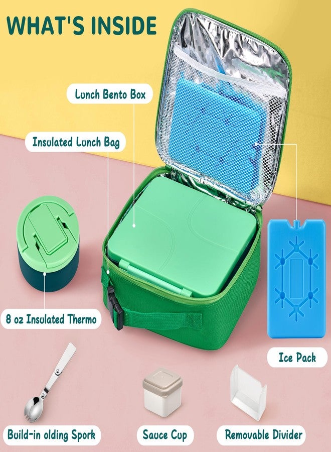 MAXSO Bento Lunch Box Set with 8 oz Soup Thermo, Kids Leakproof 4 Compartments Hot Food Container with Sauce Cup, Ice Pack and Lunch Bag, Child Insulated Food Jar for School - Green - Image 4