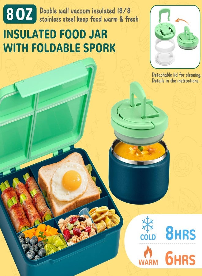 MAXSO Bento Lunch Box Set with 8 oz Soup Thermo, Kids Leakproof 4 Compartments Hot Food Container with Sauce Cup, Ice Pack and Lunch Bag, Child Insulated Food Jar for School - Green - Image 3