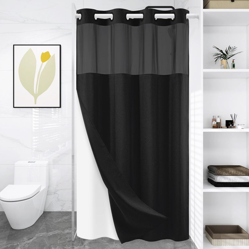 WONICY Small No Hook Shower Curtain with Snap in Liner  Polyester Textured Shower Curtain with Liner Set  Waterproof Washable Hotel Style Shower Curtains for Bathroom  54Wx80H  Black - Image 1