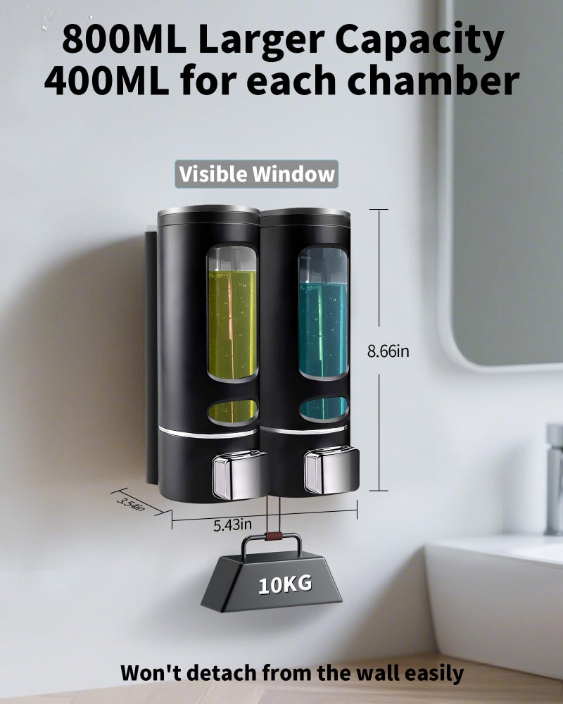 WUKUR Shampoo And Conditioner Dispenser - 800Ml Wall-Mounted Shower Shampoo Dispenser No Drill Body Wash Soap Dispenser For Shower  Bathroom  Hotel (2 Chamber) - Image 2