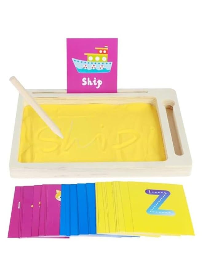 Wooden Montessori Sand Tray Toys for Kids, Sand Writing Box with Pen and Cards for Letters & Numbers - Image 1
