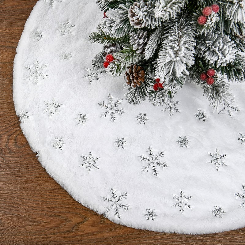 Faux Fur Christmas Tree Skirt48 inches Large Luxury Tree Skirt with Sliver Snowflake Sequin Christmas Decorations Holiday Thick Plush Tree Xmas OrnamentsWhite and Silver48 Inch