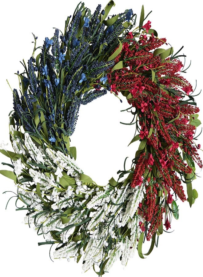 Idyllic 20 Inch Red White and Blue Patriotic Wreath with Wheat, Forsythia & Ribbon | Multi-Textured 4th of July Memorial Day Front Door Decor - Image 1
