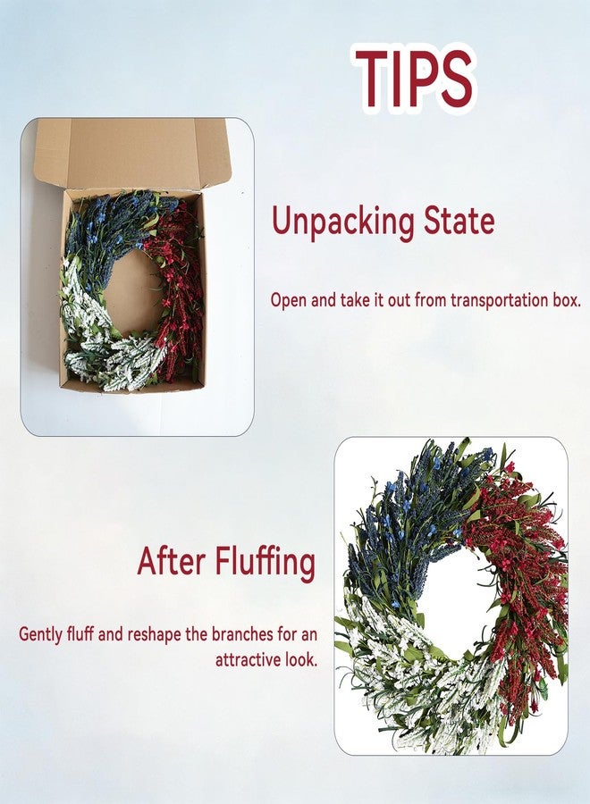 Idyllic 20 Inch Red White and Blue Patriotic Wreath with Wheat, Forsythia & Ribbon | Multi-Textured 4th of July Memorial Day Front Door Decor - Image 4