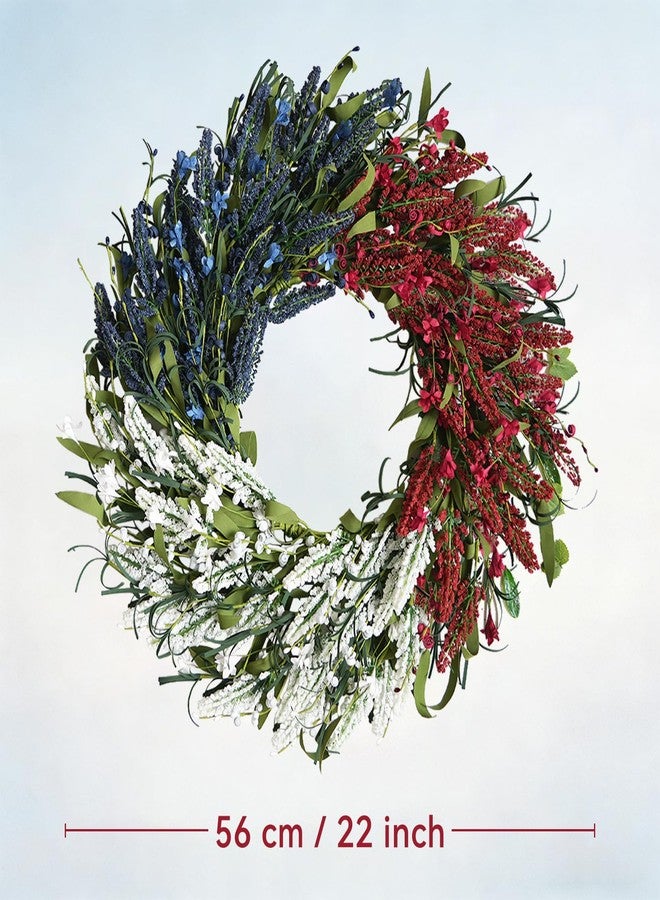 Idyllic 20 Inch Red White and Blue Patriotic Wreath with Wheat, Forsythia & Ribbon | Multi-Textured 4th of July Memorial Day Front Door Decor - Image 2