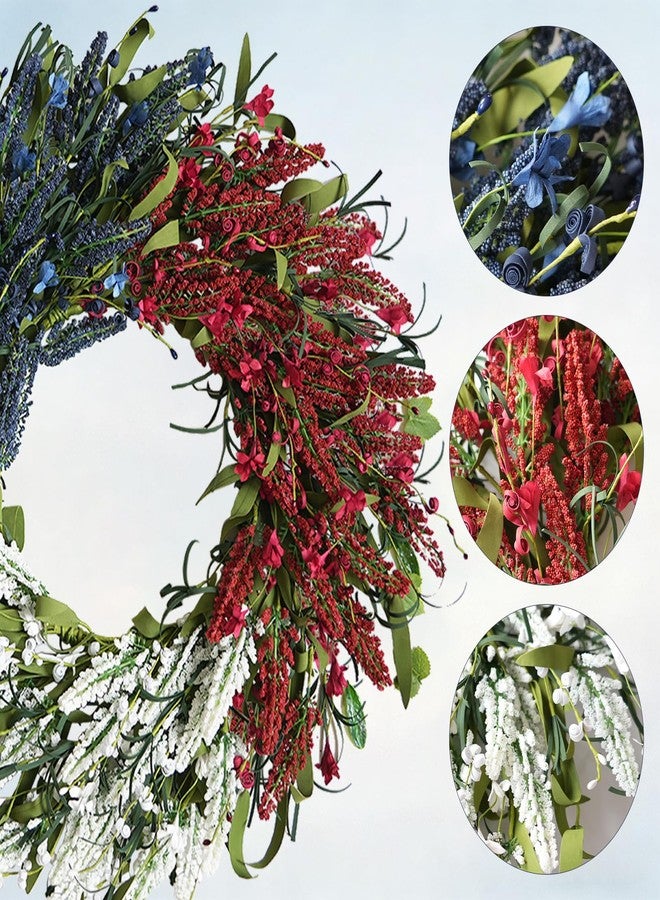 Idyllic 20 Inch Red White and Blue Patriotic Wreath with Wheat, Forsythia & Ribbon | Multi-Textured 4th of July Memorial Day Front Door Decor - Image 3