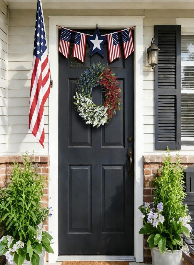 Idyllic 20 Inch Red White and Blue Patriotic Wreath with Wheat, Forsythia & Ribbon | Multi-Textured 4th of July Memorial Day Front Door Decor - Image 5
