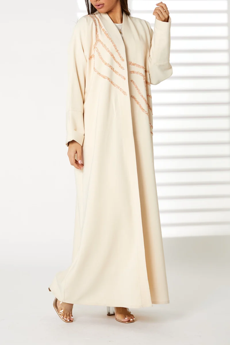 Moistreet Embroidered Round Neck Split Cuffs  Abaya