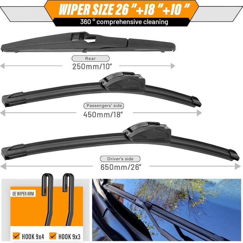 AUTOBOO 26"+18" Windshield Wipers Blades Replacement for Toyota Highlander 2020 2021 2022 2023 2024-2025 with 10 Inch Rear Wiper Blade -Original Factory Quality (Pack of 3) - Image 3