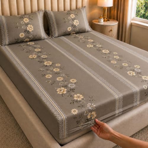 Castiqa Cotton Feels All Over Elastic Fitted Bedsheet Set Perfect Upto 10inch Mattress with 2 Matching Pillow Covers Size-18x28inch (King Size 72x78, Black Stripes) - Image 1
