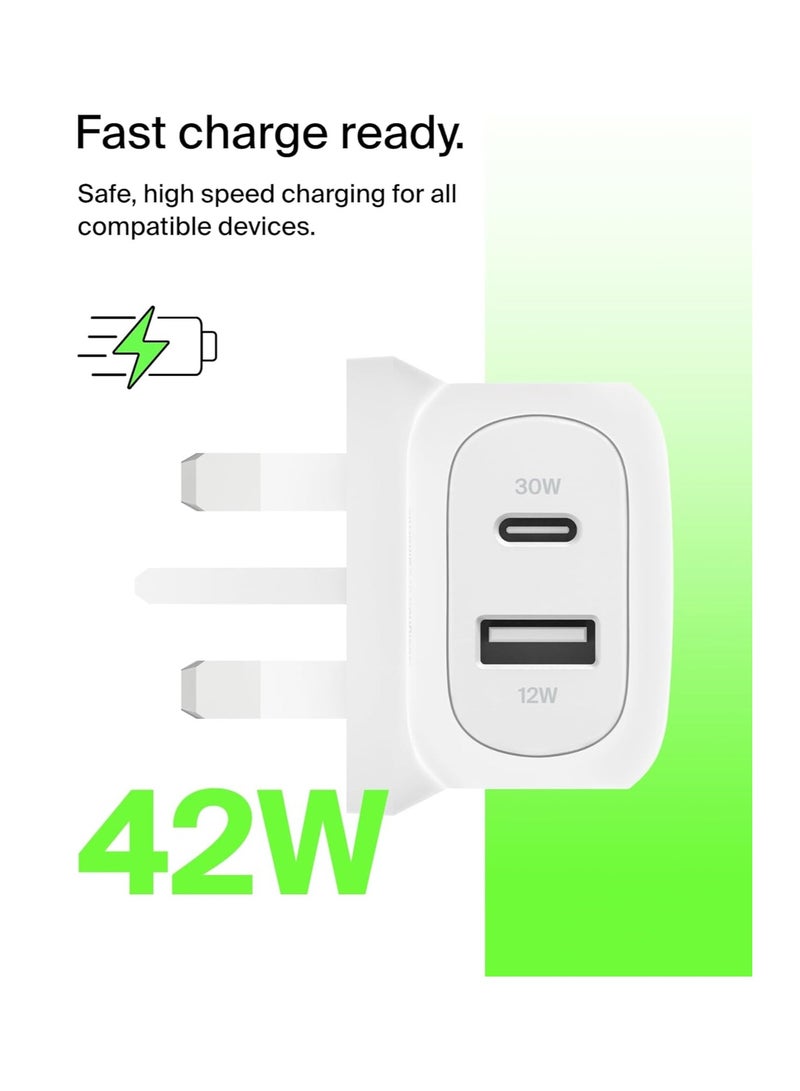 بيلكين شاحن حائط مزدوج بقدرة 42 واط من BoostCharge، شاحن USB-C + USB-A للشحن السريع لجهاز iPhone 16، 16 Plus، 16 Pro، 16 Pro Max، iPhone 15، Galaxy S24، Plus، Ultra، iPad، Pixel، AirPods والمزيد - - Image 2