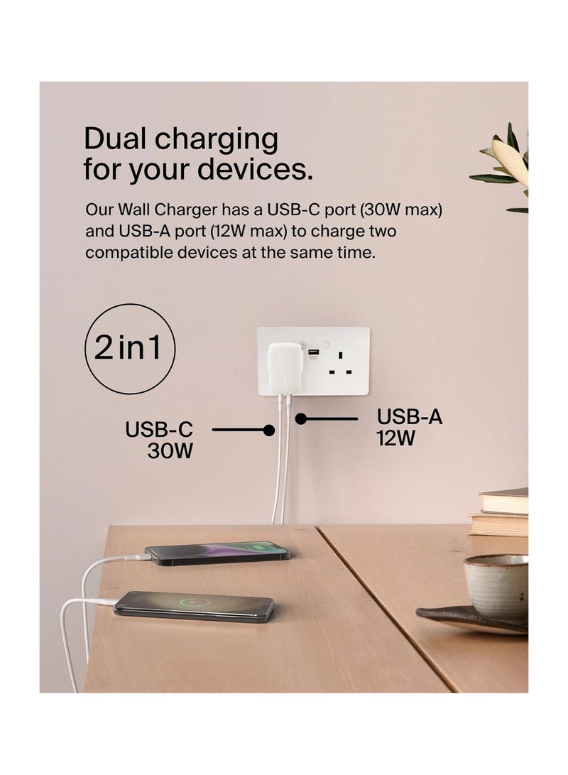 بيلكين شاحن حائط مزدوج بقدرة 42 واط من BoostCharge، شاحن USB-C + USB-A للشحن السريع لجهاز iPhone 16، 16 Plus، 16 Pro، 16 Pro Max، iPhone 15، Galaxy S24، Plus، Ultra، iPad، Pixel، AirPods والمزيد - - Image 3