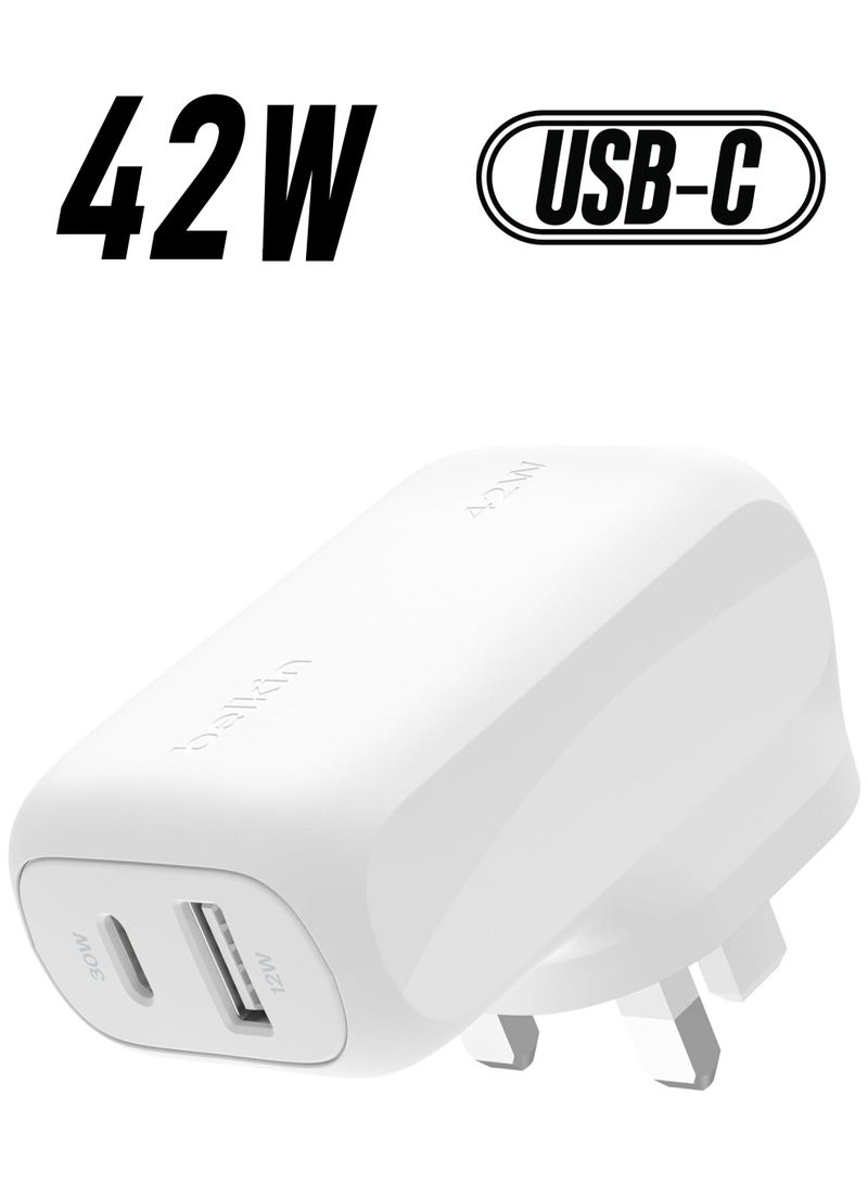 بيلكين شاحن حائط مزدوج بقدرة 42 واط من BoostCharge، شاحن USB-C + USB-A للشحن السريع لجهاز iPhone 16، 16 Plus، 16 Pro، 16 Pro Max، iPhone 15، Galaxy S24، Plus، Ultra، iPad، Pixel، AirPods والمزيد - - Image 1