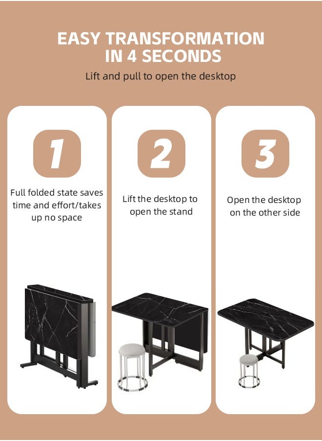 Ammar Space - Black Folding Dining Table in 3 Forms Kitchen Table Multifunctional Dining Table Extension Space Saving Dinner Table for Dining Room Home Small Spaces-100x60x75cm - Image 1