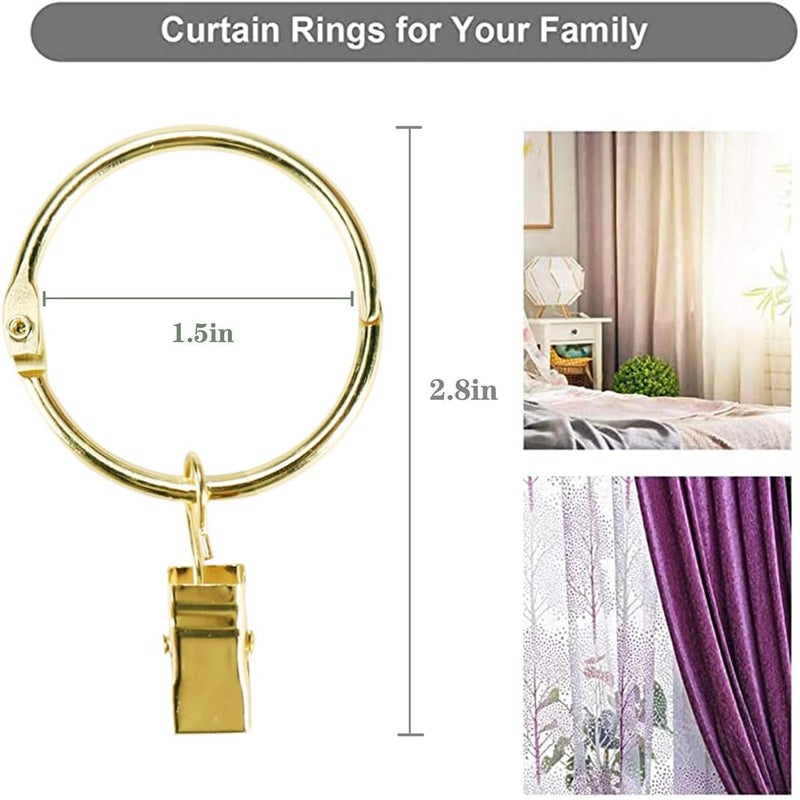 Fivebop 40 Pack Rings Curtain Clips Rustproof Metal Window Drapery Decorative Clips Vintage Heavy Duty Eyelet Curtain Rods Hangers Rings with Hooks, 1.5In Inner Diameter (Gold-Open) - Image 2