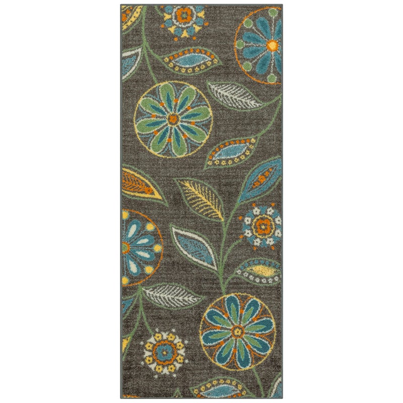 Maples Rugs Reggie Floral Runner Rug  Made in USA  Washable Non Slip Indoor Carpet for Kitchen Hallway and Laundry Room 2 x 5 Dark Grey
