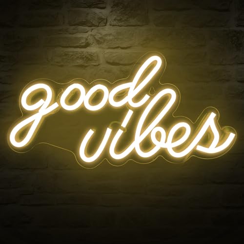 DECANIT Good Vibes Neon Sign for Wall Decor，Powered by USB Neon Light for Bedroom Decor, Warm White Color,16.1"x 8.3"x 0.6" - Image 1