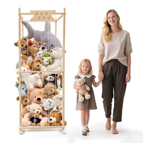 Megapuxin Stuffed Animal Storage Zoo with Wheels Wooden Large Stuff Animals Plushies Holder 225 D x 225 W x 64 H Toy Organizer Storage Cage with Elastic Band and Net for Nursery Playroom Bedroom - Image 1