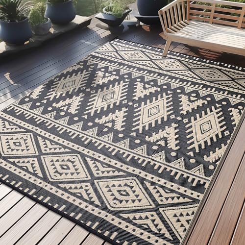 OLANLY Outdoor Rug Waterproof 6x9 ft Reversible Outdoor Plastic Straw Rug Boho Patio Rug Indoor Outdoor Carpet RV Mat Outside for Patio Camp Picnic Balcony Deck Backyard Black  Beige