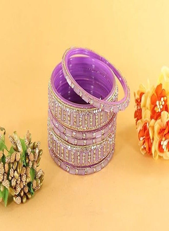 BANGLESKART أحدث مجموعة أساور زجاجية من بانغلسكارت للفتيات والسيدات، مزينة بأحجار الزركون الماسية وخرز الأكريليك. طقم أساور كانش كي تشودي كانجان التقليدي، طقم كادا زجاجي أنيق لحفلات الزفاف والمناسبات - طقم من 6 قطع باللون الخزامى - Image 3