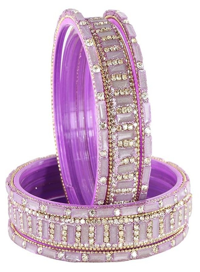 BANGLESKART أحدث مجموعة أساور زجاجية من بانغلسكارت للفتيات والسيدات، مزينة بأحجار الزركون الماسية وخرز الأكريليك. طقم أساور كانش كي تشودي كانجان التقليدي، طقم كادا زجاجي أنيق لحفلات الزفاف والمناسبات - طقم من 6 قطع باللون الخزامى - Image 2