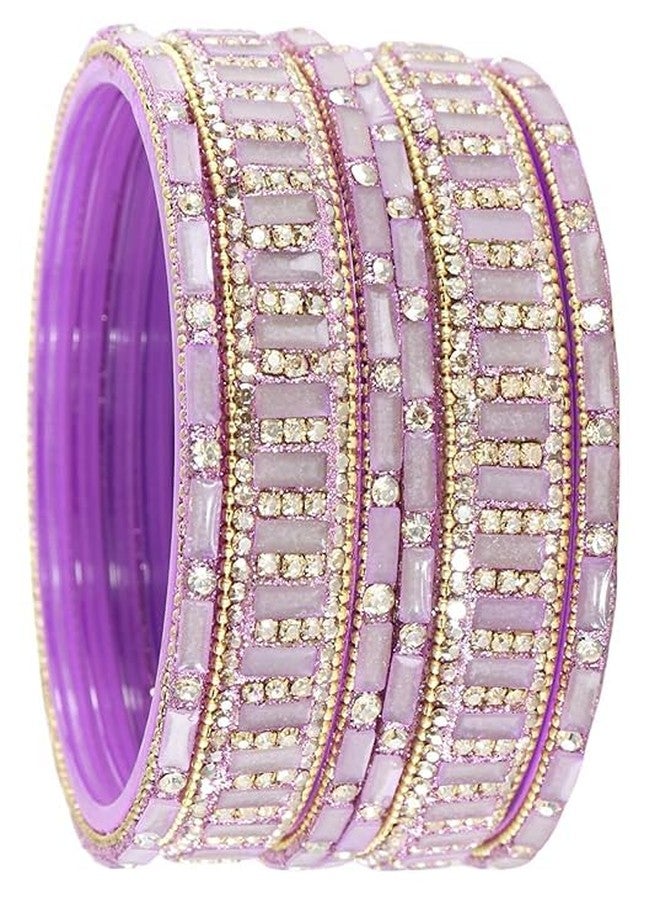 BANGLESKART أحدث مجموعة أساور زجاجية من بانغلسكارت للفتيات والسيدات، مزينة بأحجار الزركون الماسية وخرز الأكريليك. طقم أساور كانش كي تشودي كانجان التقليدي، طقم كادا زجاجي أنيق لحفلات الزفاف والمناسبات - طقم من 6 قطع باللون الخزامى - Image 1