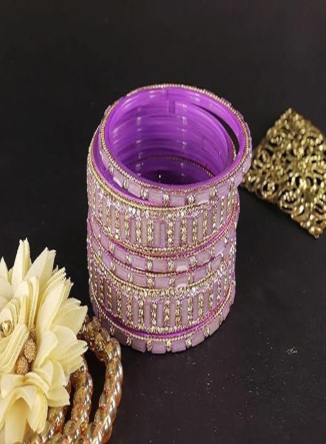 BANGLESKART أحدث مجموعة أساور زجاجية من بانغلسكارت للفتيات والسيدات، مزينة بأحجار الزركون الماسية وخرز الأكريليك. طقم أساور كانش كي تشودي كانجان التقليدي، طقم كادا زجاجي أنيق لحفلات الزفاف والمناسبات - طقم من 6 قطع باللون الخزامى - Image 5