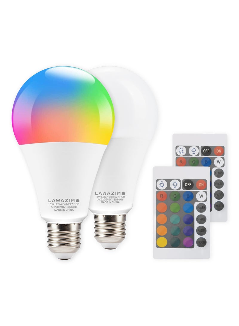 LAWAZIM 5W LED Bulb A60 E27 - 2 Pack 3000-7000K RGB - Color Changing Light with 2 Remotes, 360 Lumens, and Non-Dimmable, Flicker-Free, Energy-Saving Design - Ideal for Home, Bedroom, and Living Room - Image 1