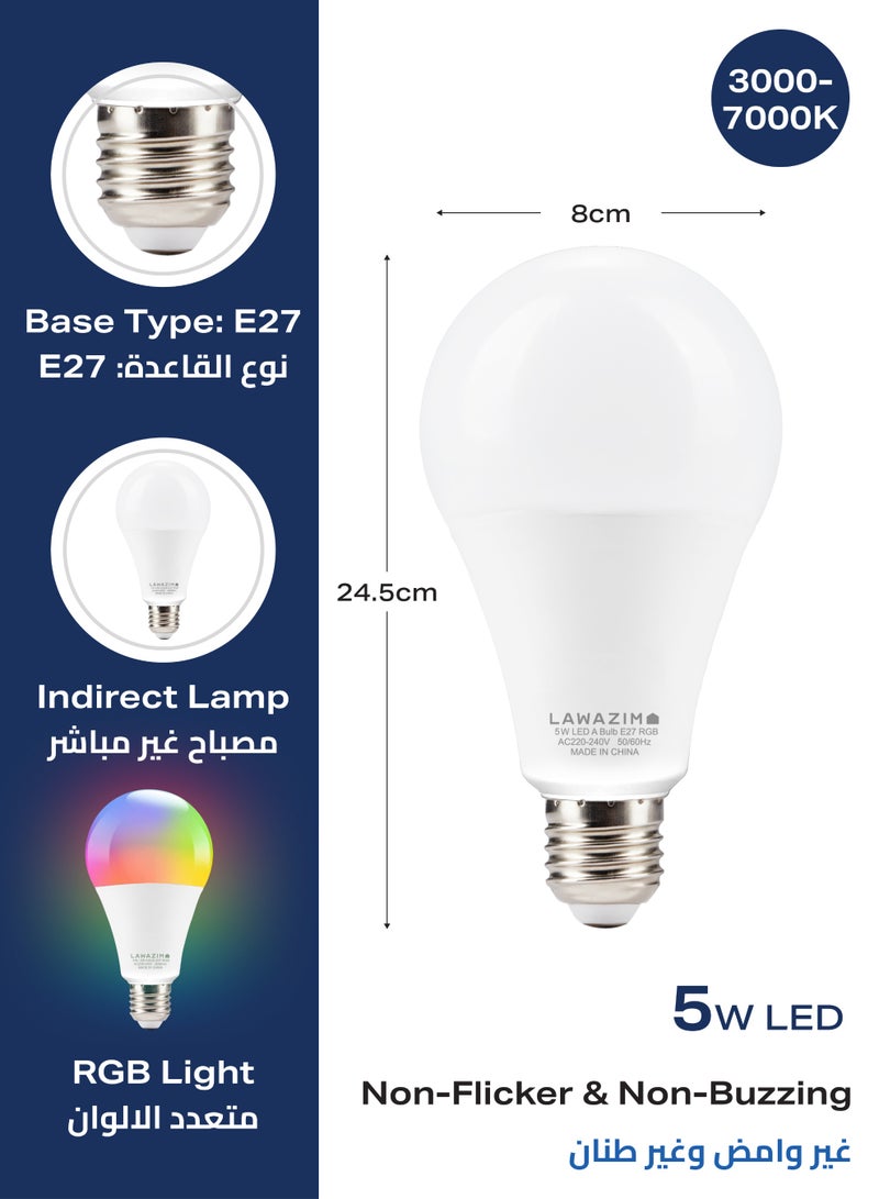 LAWAZIM 5W LED Bulb A60 E27 - 2 Pack 3000-7000K RGB - Color Changing Light with 2 Remotes, 360 Lumens, and Non-Dimmable, Flicker-Free, Energy-Saving Design - Ideal for Home, Bedroom, and Living Room - Image 2