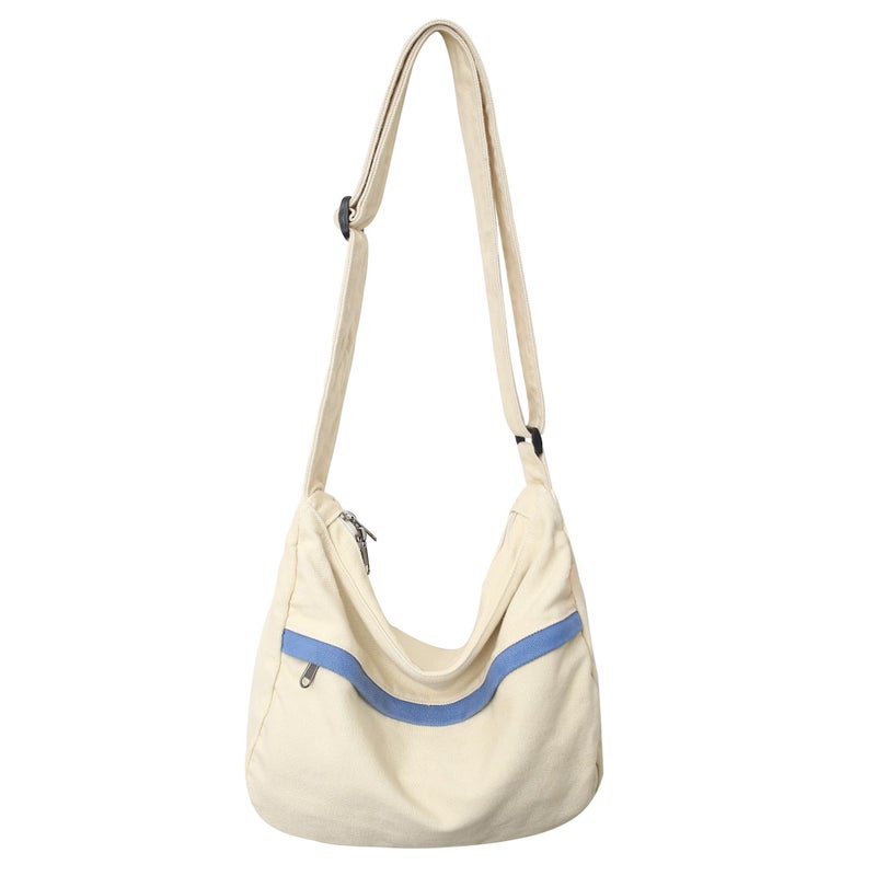 Youjaree Canvas Messenger Bag Large Hobo Crossbody Bag with Zipper Casual Shoulder Tote Handbag for Women and Men (White) - Image 1