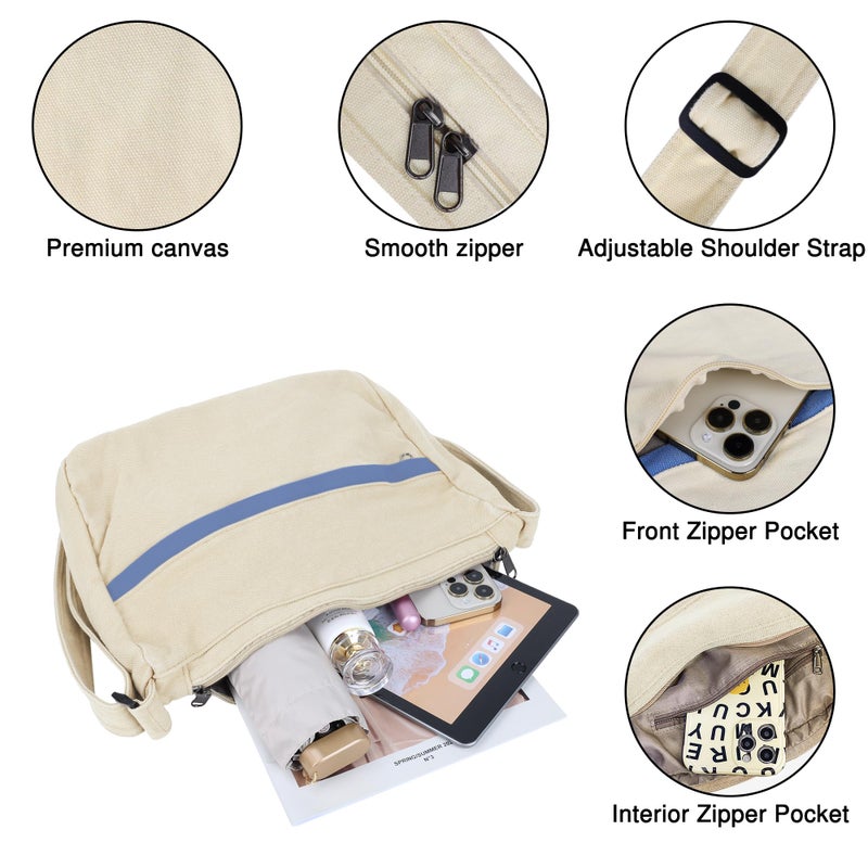 Youjaree Canvas Messenger Bag Large Hobo Crossbody Bag with Zipper Casual Shoulder Tote Handbag for Women and Men (White) - Image 4