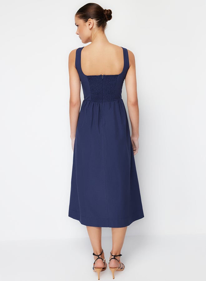 trendyol Indigo Waist Opening Midi Corset Stitch Detail Woven Dress - Image 5