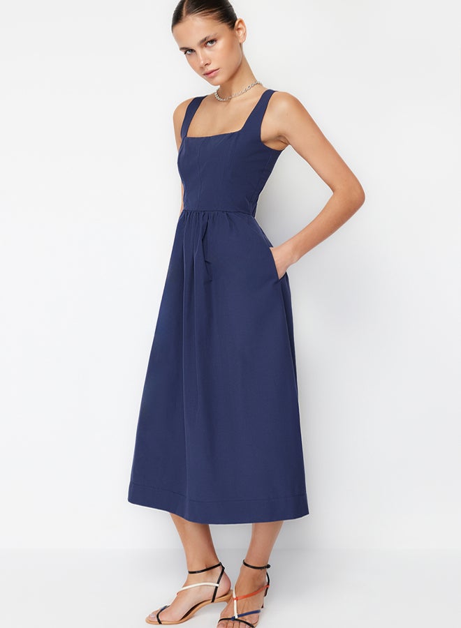 trendyol Indigo Waist Opening Midi Corset Stitch Detail Woven Dress - Image 2