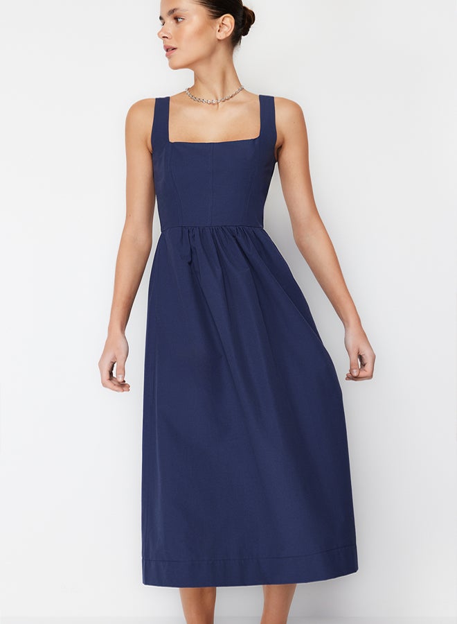 trendyol Indigo Waist Opening Midi Corset Stitch Detail Woven Dress - Image 3