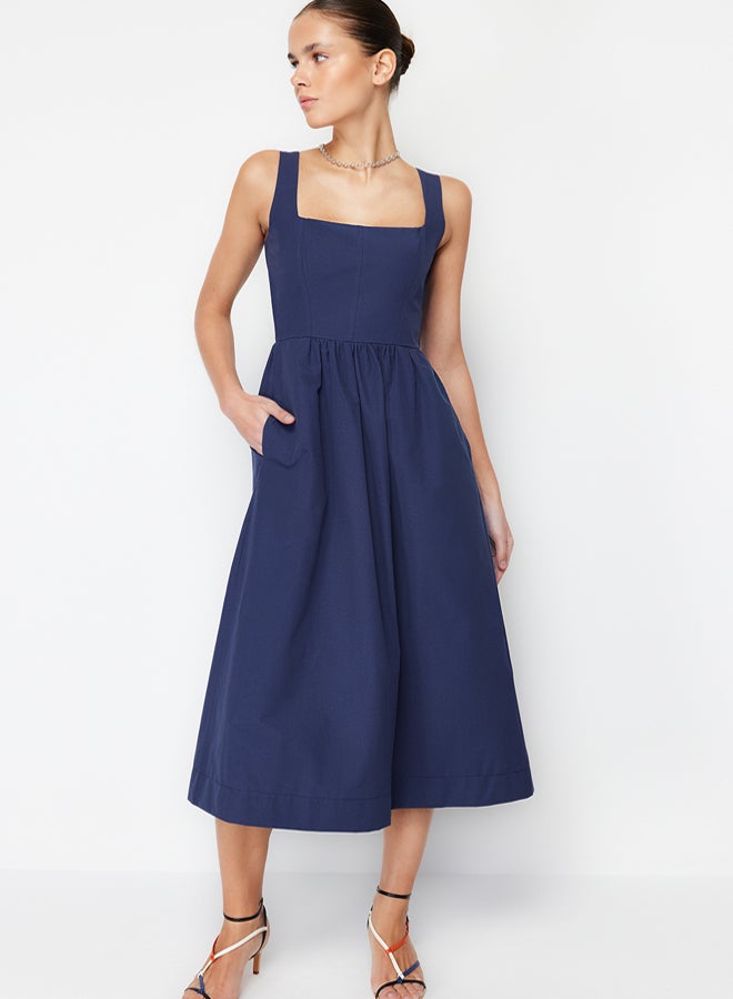 trendyol Indigo Waist Opening Midi Corset Stitch Detail Woven Dress - Image 1