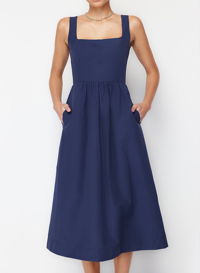 trendyol Indigo Waist Opening Midi Corset Stitch Detail Woven Dress - Image 4