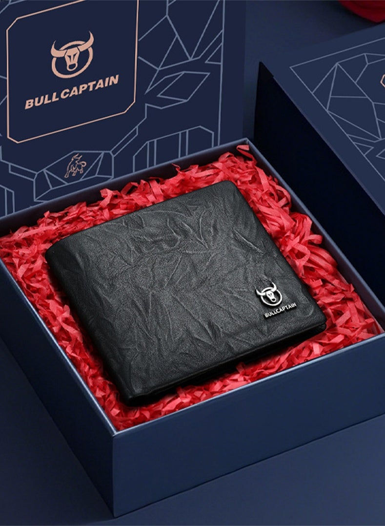 BULLCAPTAIN Men's Genuine Leather Wallet - RFID Blocking Bifold with Luxury Gift Box - Black - Image 1