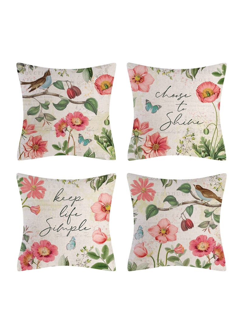 Y&D Throw Pillow Covers, Set of 4 Spring Flower Covers Linen Decorative Cases for Sofa Couch Living Room Outdoor (45 * 45 cm, Pink Flower)  - Image 1