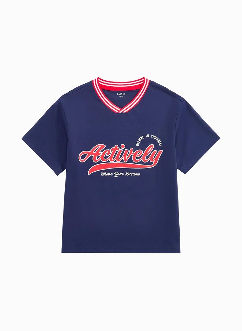 بالابالا Kids Boy Round V-Neck Short-Sleeved T-Shirt