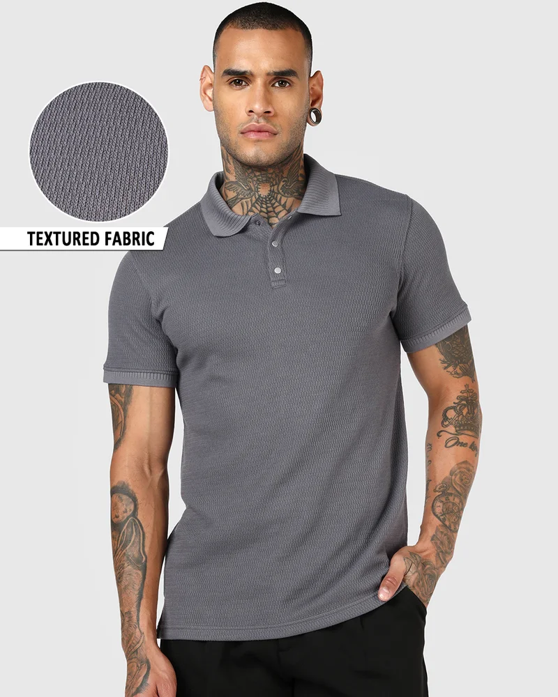 Men's Grey Textured Polo T-shirt