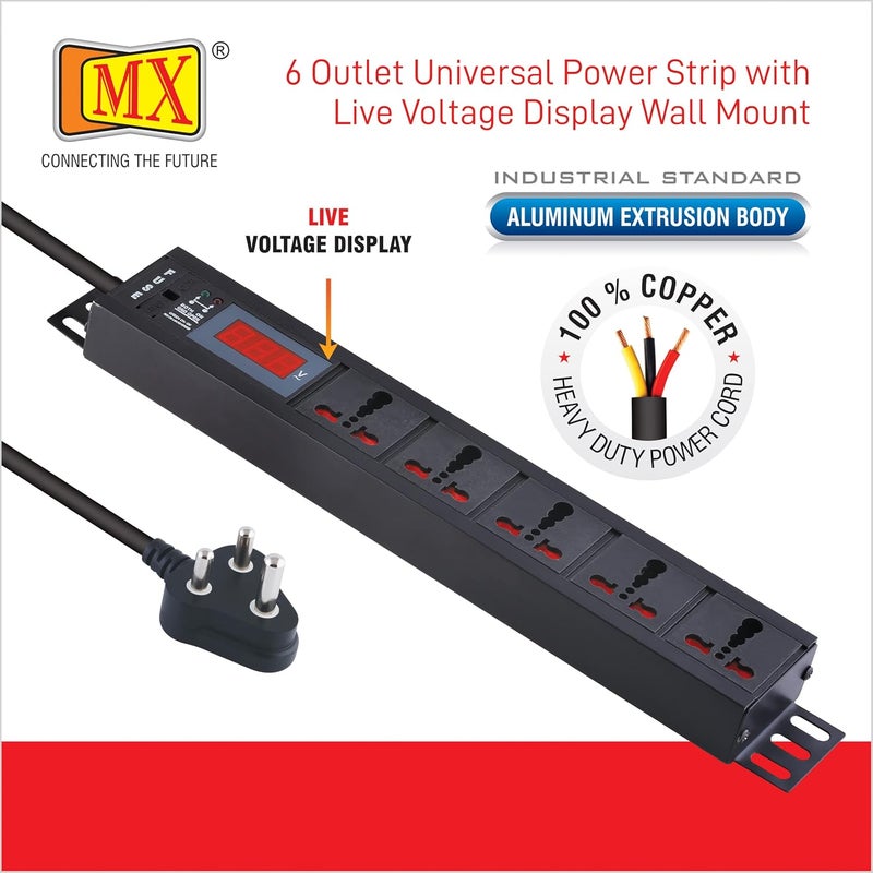 MX 5 Outlet Universal Power Strip with Live Voltage Display 616 AMP Parameter 30W265V WallRack Mount Built in Fuse Master Switch Wall Mount Heavy Duty 15m Power Cord - Image 5