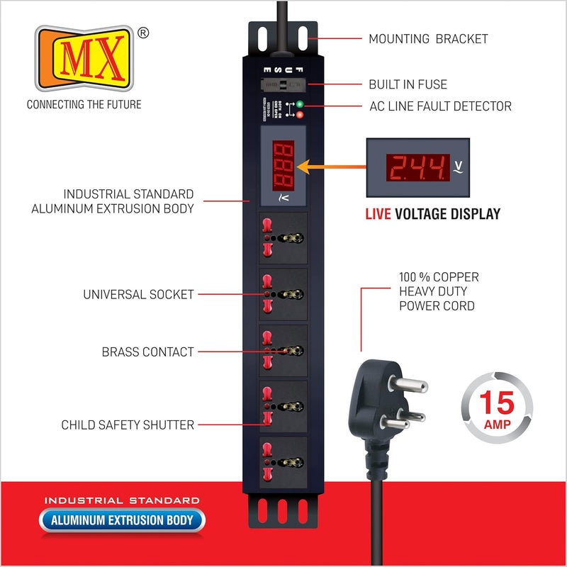 MX 5 Outlet Universal Power Strip with Live Voltage Display 616 AMP Parameter 30W265V WallRack Mount Built in Fuse Master Switch Wall Mount Heavy Duty 15m Power Cord - Image 3