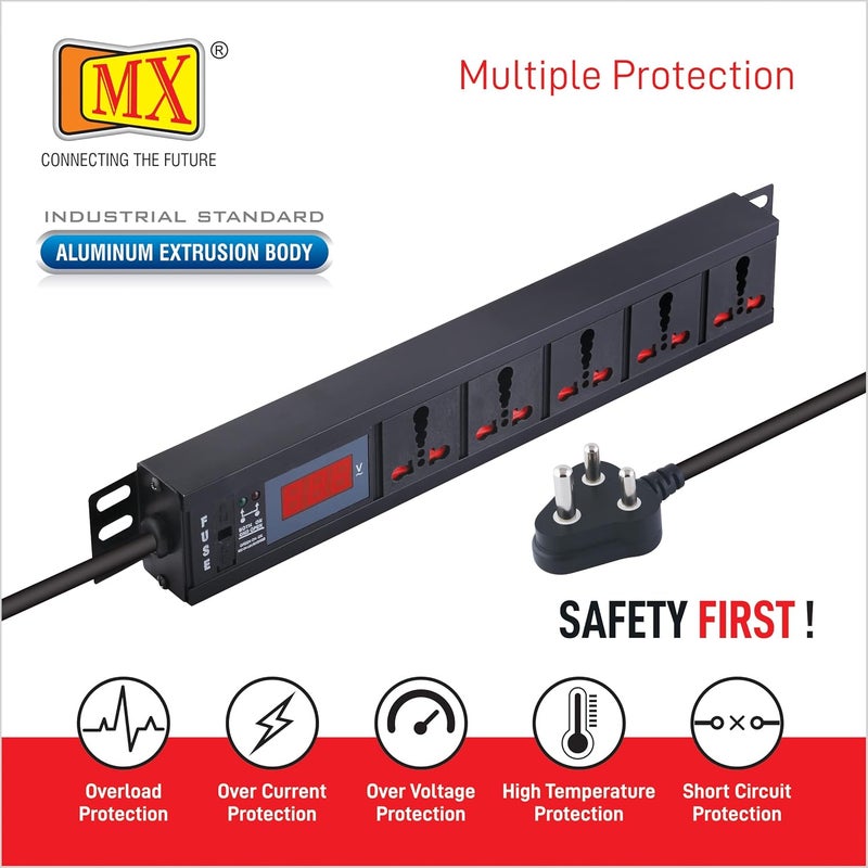 MX 5 Outlet Universal Power Strip with Live Voltage Display 616 AMP Parameter 30W265V WallRack Mount Built in Fuse Master Switch Wall Mount Heavy Duty 15m Power Cord - Image 4