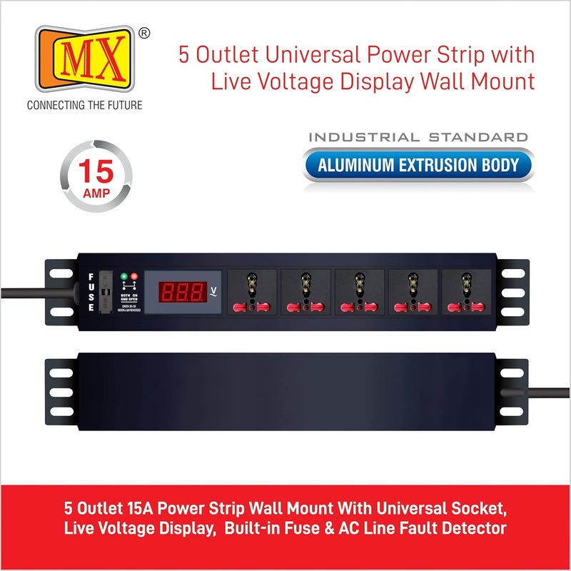 MX 5 Outlet Universal Power Strip with Live Voltage Display 616 AMP Parameter 30W265V WallRack Mount Built in Fuse Master Switch Wall Mount Heavy Duty 15m Power Cord - Image 2