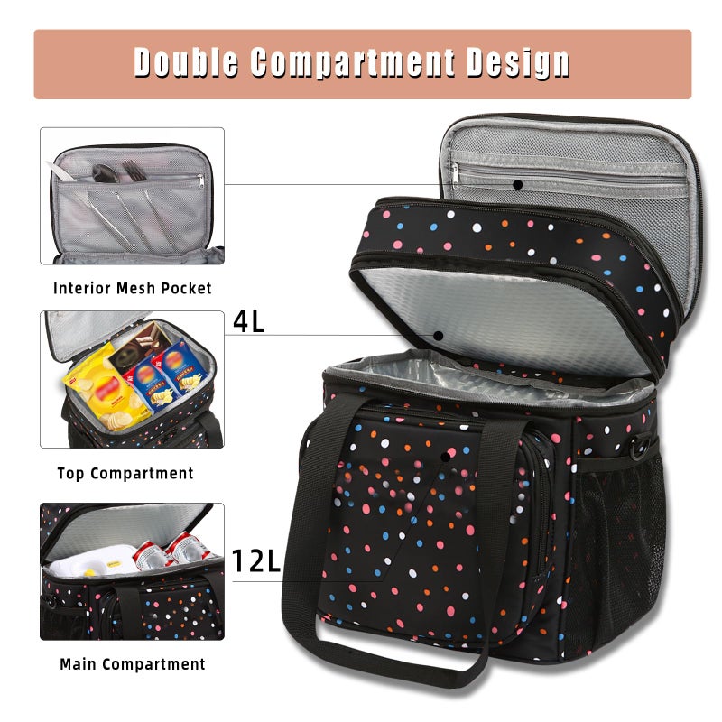 GLENKEY Expandable Insulated Lunch Box, Double Deck Lightweight Large Lunch Bag Tote Leakproof Cooler Bags for Women Adults Work Outdoor Picnic Daytrip, Polka Dots, 16L - Image 2