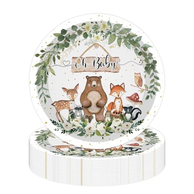 50PCS Woodland Baby Shower Party Paper Plates 7 Inch, Disposable Oh Baby Cake Dessert Plates Safari Jungle Wild Animal Party Supplies for Birthday Gender Reveal Baby Shower Decorations (Woodland)