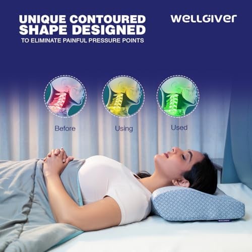 WELLGIVER Cervical Memory Foam Pillow for Neck Pain | 2 Year Warranty | 19 x 11 x 4 Inch Standard | Orthopedic Pillow Spondylitis Neck & Shoulder Pain | Washable Jacquard Blue Cover | Pack of 2 - Image 4